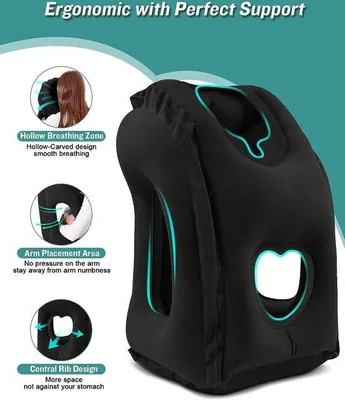 Imagen del producto de Almohada inflable de viaje Unyqoos®: almohada ergonómica para el cuello, ideal para viajes en avión, con soporte para la cabeza y la barbilla, antifaz 3D, tapones para los oídos y bolsa de transporte con cordón, color