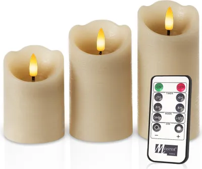 Immagine prodotto di Set di 3 candele a LED Meisterhome® - Candele a LED - Candele senza fiamma dal design rustico - Ø 7,5 cm, altezze 10/12,5/15 cm - Luce bianca calda e tremolante - Con telecomando e timer - Funzionamento a batteria, colore:Beige