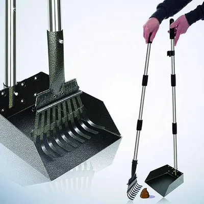Produktbild von Hundekotschaufel, Tablett und Rechen für große, mittlere und kleine Haustiere, 96,5 cm lang, Verstellbarer Griff mit Rechen zum Entfernen von Abfällen