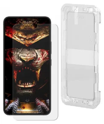 A smartphone screen protector and a clear phone case are displayed side-by-side on a white background.