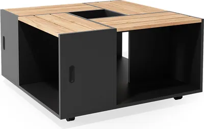 A modern, square coffee table with a black base and a slatted wood top, featuring a central square opening.