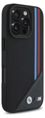 A black iPhone case with BMW M stripes and logos.