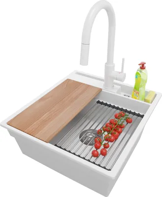 Produktbild von PRIMAGRAN Granitspüle Weiß 48x53cm, Spülbecken 1 Becken + Küchenarmatur 40x20cm + Ablauf-Set + Küchenzubehörset, Küchenspüle ab 50er Unterschrank - Oslo Pocket