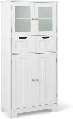 Image de Armoire de salle de bain avec 2 tiroirs et 4 portes, étagères réglables et verre trempé