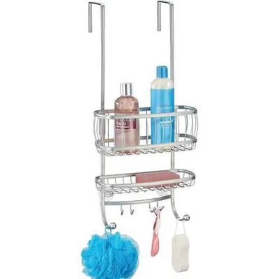 Produktbild von Duschablage Tür 2 Körbe silber mit Saugnäpfen 4 Haken Duschregal Bad mDesign