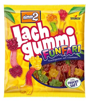 Produktbild von nimm2 Lachgummi FunFari – 1 x 225 g – Fruchtgummis mit Fruchtsaft und Vitaminen – Süßigkeit in drei Geschmackskombinationen