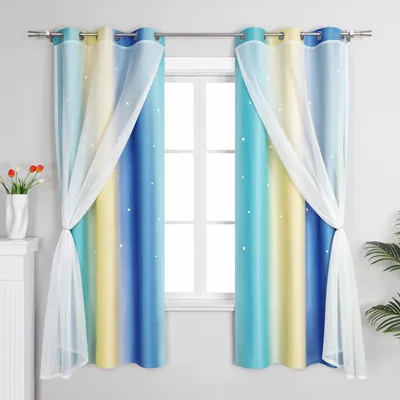 Produktbild von Joyswahl Verdunkelungsvorhänge mit Ösen Sterne Blickdichte Doppelte Gradinen Farbverlauf Thermovorhang für Kinderzimmer BxL 132x160cm Blau