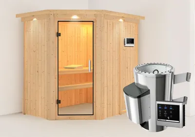 Produktbild von Karibu Sauna Innensauna Saja Eckeinstieg Ofen 3,6 kW externe Strg.easy 210x165x202 cm mit Dachkranz  mit Klarglastür