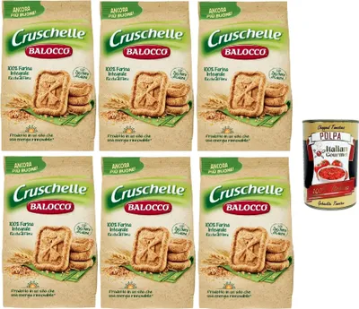 Produktbild von Balocco Cruschelle Biscotti con farina integrale e zucchero di canna Kekse mit Vollkornmehl und braunem Zucker biscuits cookies 100% Italienische Kekse 6x 350g + Italian Gourmet polpa 400g