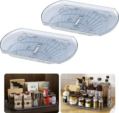 Produktbild von 2er-Pack Kuehlschrank-Organizer, Lazy Susan, 360-Grad-Drehteller, Gewuerzregal, durchsichtiger, rechteckiger, drehbarer Organizer fuer Schrank, Tischplatte, Kuehlschrank, Kuechen-Organizer und -Aufbewahrung