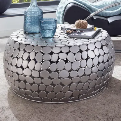 Produktbild von FineBuy Design Couchtisch rund 66 cm Metall silber - Handgefertigter Aluminium Wohnzimmertisch - Moderner Stone Sofatisch Wohnzimmer Beistelltisch
