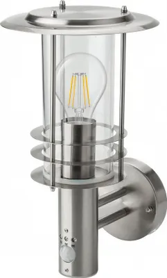 Produktbild von Grafner Design Edelstahl Wandlampe mit Bewegungsmelder, 1x E27 Fassung, IP44, 360° rundum Lichtschein, für außen und innen, Wandleuchte Lampe Außen Hoflampe PIR