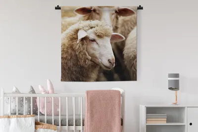 Produktbild von MuchoWow® Wandteppich Wandbehang Schaf - Wolle - Weiß 90x90 cm Tapisserie Dekoration Wandtuch - Wandaufhänger