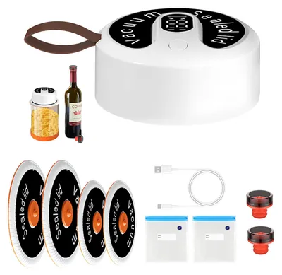 Produktbild von 3-in-1-Vakuumversiegelungsset fuer Einmachglaeser mit digitaler LED-Anzeige, wiederverwendbar, 4 Weithalsdeckel, 2 Verschlussbeutel, 2 Weinflaschenverschluesse, kabelloses Hand-Vakuumversiegelungsgeraet zur Lebensmittelaufbewahrung