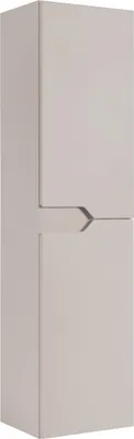 A tall, narrow, beige cabinet with two doors, one above the other. The doors have a subtle, angular design where they meet.
