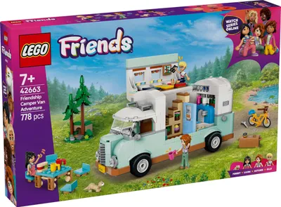 Productafbeelding van LEGO Friends Camper, bouwset voor rollenspellen met een speelgoedcamper, cadeau voor meisjes vanaf 7 jaar, creatieve speelset met 3 minifiguren en een fretfiguur. Artikelnummer: 42663