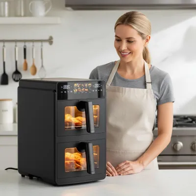 Image de Friteuse à air chaud double chambre XXL, Airfryer avec hublots & écran tactile rabattable, Friteuse à air chaud 2 chambres - 10 L de volume, Air Fryer sans huile pour grande famille
