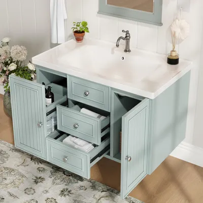 Image de Meuble-lavabo suspendu 78,5 x 46 cm, vert – Meuble de salle de bains avec 3 tiroirs et lavabo en céramique intégré, MDF et métal