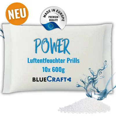 A product shot of a bag of dehumidifier prills with a splash of water and some prills in the foreground.