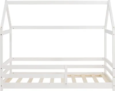 Produktbild von Homestyle4u Kinderbett 80x160 mit Rausfallschutz Hausbett Weiß Bodenbett Montessori mit Lattenrost