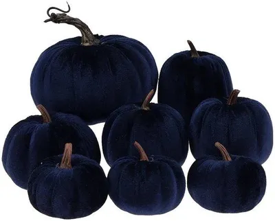 Immagine prodotto di Set di 8 zucche decorative in velluto blu e plastica, realizzate a mano, per le decorazioni di Halloween