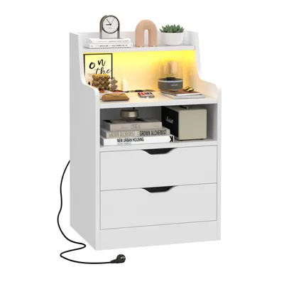 Produktbild von Nachttisch 45x35x72,5 cm mit 2 Schubladen, Steckdosenleiste (1,5 m) & LED-Beleuchtung (1 m) – Nachtkonsole für Schlafzimmer