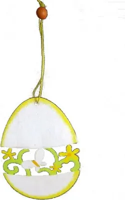 Productafbeelding van Geel gekleurd decoratief houten ornament met een open patroon, 12,5 x 9 cm