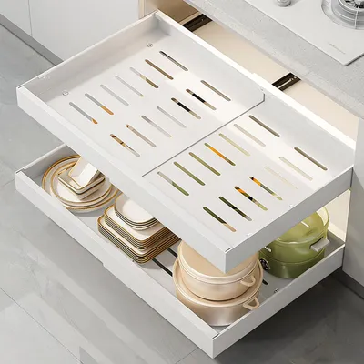 Zdjęcie produktu dla Teleskopowa szuflada biała, 32-52 cm - Wysuwana szuflada kuchenna, montaż bez wiercenia