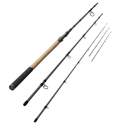 A set of fishing rods displayed diagonally against a white background.