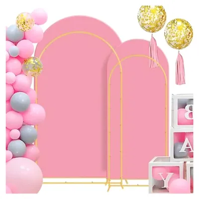 Produktbild von Hochzeitsbogen-Hintergrundständer-Set aus Metall, mit Bogenabdeckung, für Geburtstagsfeiern, Babypartys und Jubiläen (Rosa, 1,5 m)