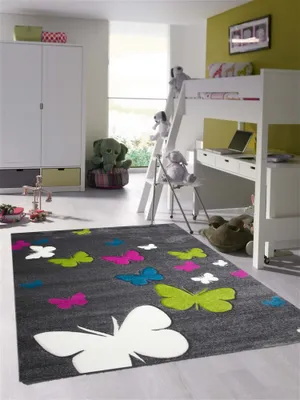 Produktbild von Kinderteppich Schmetterlinge in Grau Pink Türkis Grün Größe - 160 x 230 cm