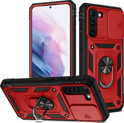 Multiple views of a red and black phone case with a sliding camera cover and a ring holder.