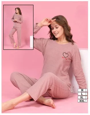 Produktbild von Damen Pyjama Schlafanzug Dunkelrosa XXL Lang 2-Teiler Set Warm Winter A-66