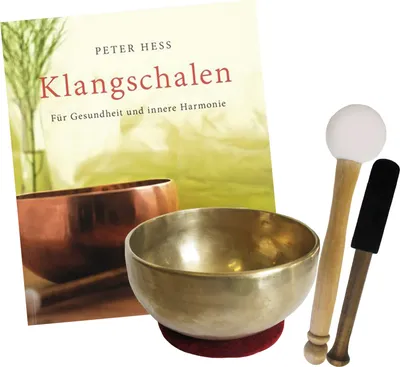 Produktbild von Therapie Klangschale ca. 500-600g + Buch von Peter Hess 5-tlg Klangmassage Set. Universalschale Handarbeit Nepal. 2x Klöppel + Zubehör.
