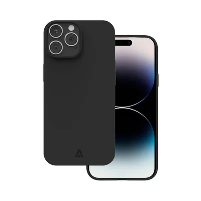 A black iPhone 14 Pro case is shown next to the phone it is designed for.