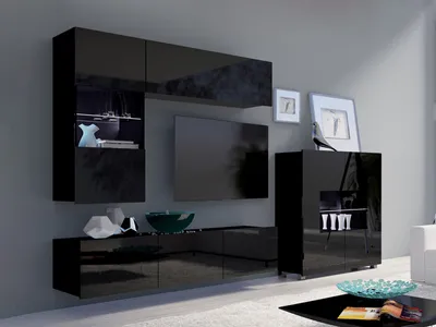 Produktbild von Wohnzimmer-Set CALABRINI-3 Wohnwand Hängewohnwand Schrankwand mit LED-Beleuchtung TV-Schrank Vitrine Kommode Moderne Anbauwand Hochglanz (Schwarz)