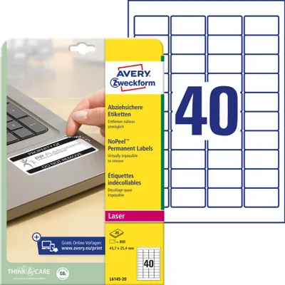 Produktbild von Avery Zweckform L6145-20 Abziehsichere Etiketten, 45,7 x 25,4 mm, 20 Bogen/800 Etiketten, weiß