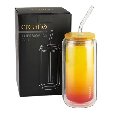 Produktbild von Creano doppelwandiges Trinkglas mit Deckel & Strohhalm 360ml - Smoothie Becher - Bubble Tea - Cocktailglas