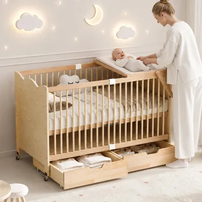 Produktbild von Flieks Gitterbett 70x140cm mit Rollen, Beistellbett Nebenbett mit 2 Schubladen, Babybett mit Ablage / Wickeltisch, 145x75x94.5 cm, Naturbelassen