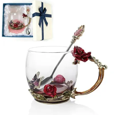 Produktbild von Teeglas Teetasse aus Glas Teetasse Kaffeetassen mit Blumengriff und Löffel as ideale Geschenk für Familie und Freunde.