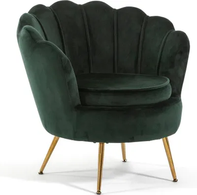 Produktbild von Gepolsterter Samtsessel im Muscheldesign mit goldverchromten Beinen, elegant und raffiniert – ideal für Wohnzimmer, Schlafzimmer oder Flur, Vintage und Retro Design – PERLA – Dunkelgrün/Gold