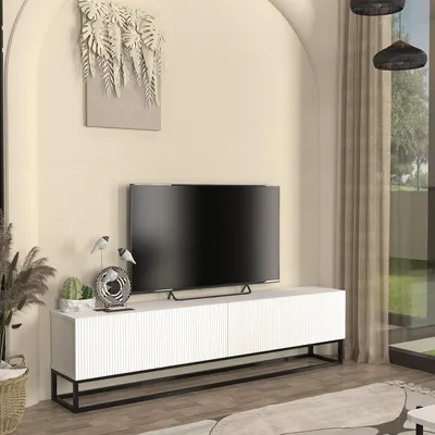Produktbild von TV-Lowboard 'Verpsboga' mit 2 Klapptüren langes Gestell 180 x 32 x 47 cm Weiß
