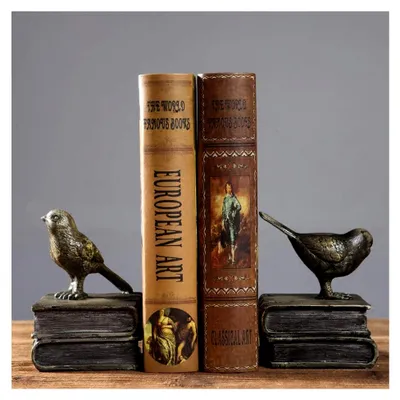 Produktbild von Dekorative Buchstützen mit Vögeln und Büchern im Vintage-Design, Kunstharz, 2 Stück