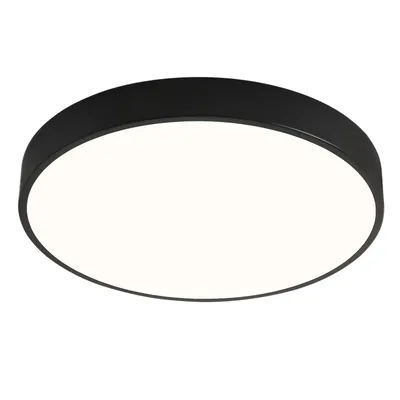 A black, circular LED ceiling light with a white diffuser is shown against a white background.