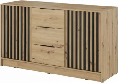 A modern sideboard with drawers and slatted doors, presented against a white background.