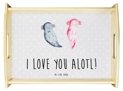 Produktbild von Mr. & Mrs. Panda Serviertablett Axolotl Liebe - Grau Pastell - Geschenk, Freund, Servier Tablett, Holztablett, Jahrestag, Bett-Tablett, für Partner, Sofa, Frauen
