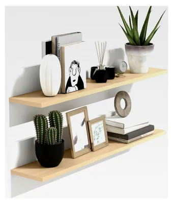Produktbild von Wandregal 2er-Set, Schweberegal, Wandboard, Regalbrett für Küche, Wohnzimmer, Badezimmer, Weiß und Naturholz, 80 x 16,5 x 20 cm