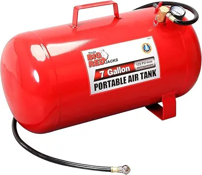Immagine prodotto di T88007: Serbatoio d'aria orizzontale portatile con tubo da 91,4 cm, capacità di 7 galloni, colore rosso
