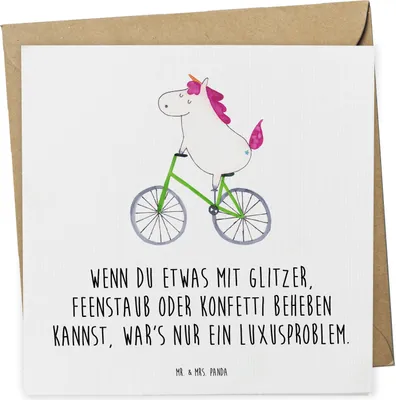 Produktbild von Mr. & Mrs. Panda Klappkarte Einhorn Radfahrer - Weiß - Geschenk, Bike, Einhörner, Unicorn, Grußkarte, Radfahren, faltkarte, anlasskarte, Glückwunschkarte, doppelkarte