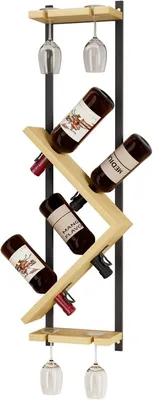 Image de Porte-bouteilles mural en bois : pour 4 bouteilles et 4 verres à vin